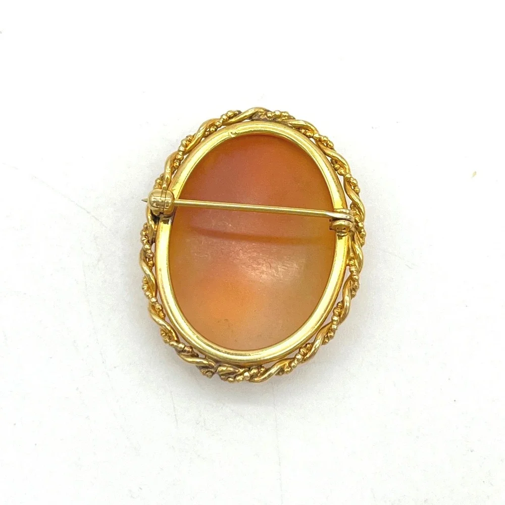 Vintage Shell Cameo Brooch Gold Tone Twisted‎ Rope Frame Hand Carved Profile Pin